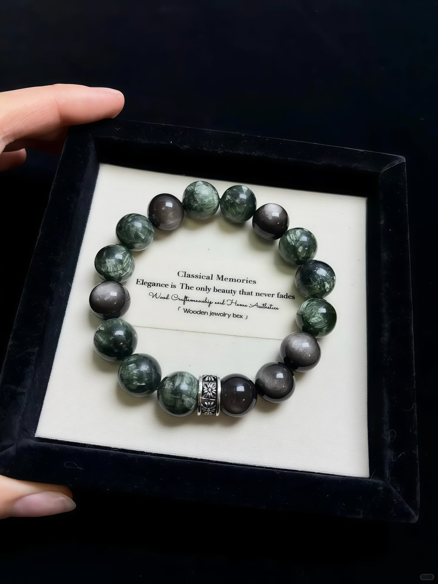 Green Seraphinite and Obsidian bracelet
