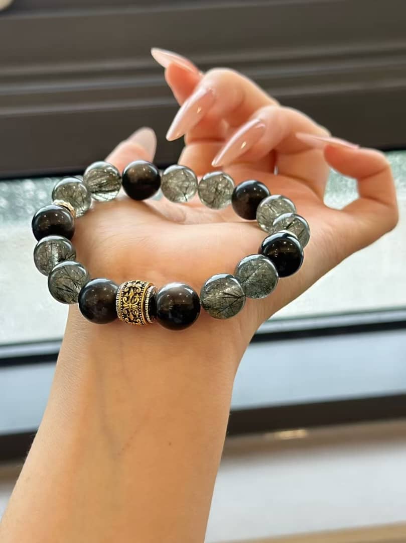 Silver Obsidian · Green Phantom Quartz Bracelet (Men’s Edition)