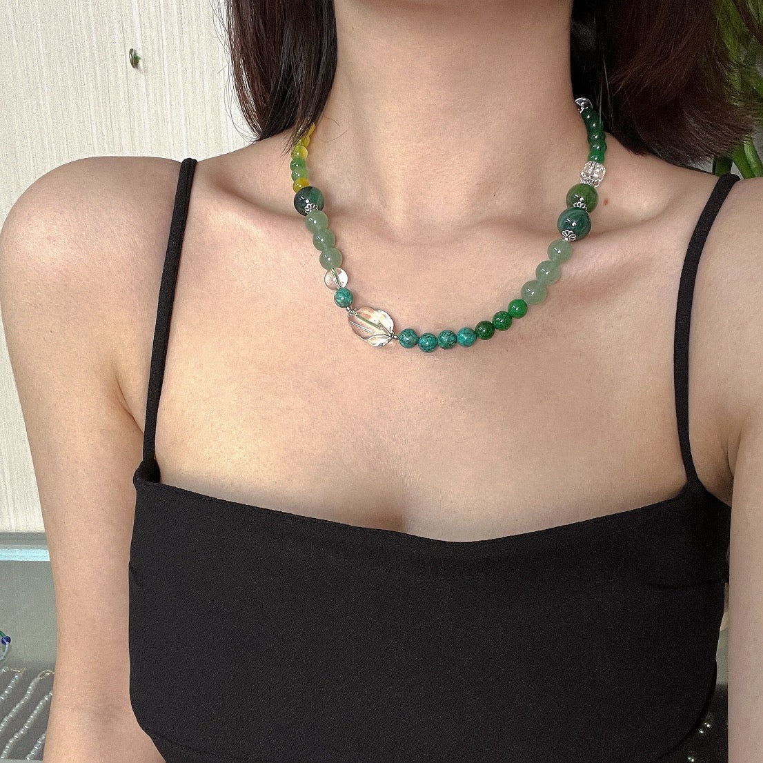 Natural White Quartz & Green Aventurine Necklace