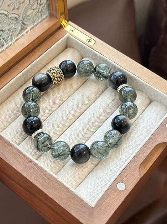 Silver Obsidian · Green Phantom Quartz Bracelet (Men’s Edition)