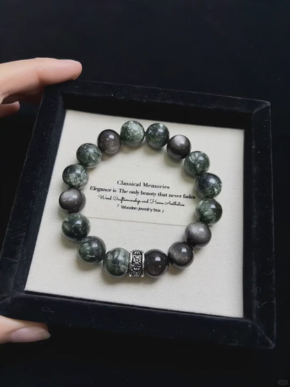 Green Seraphinite and Obsidian bracelet